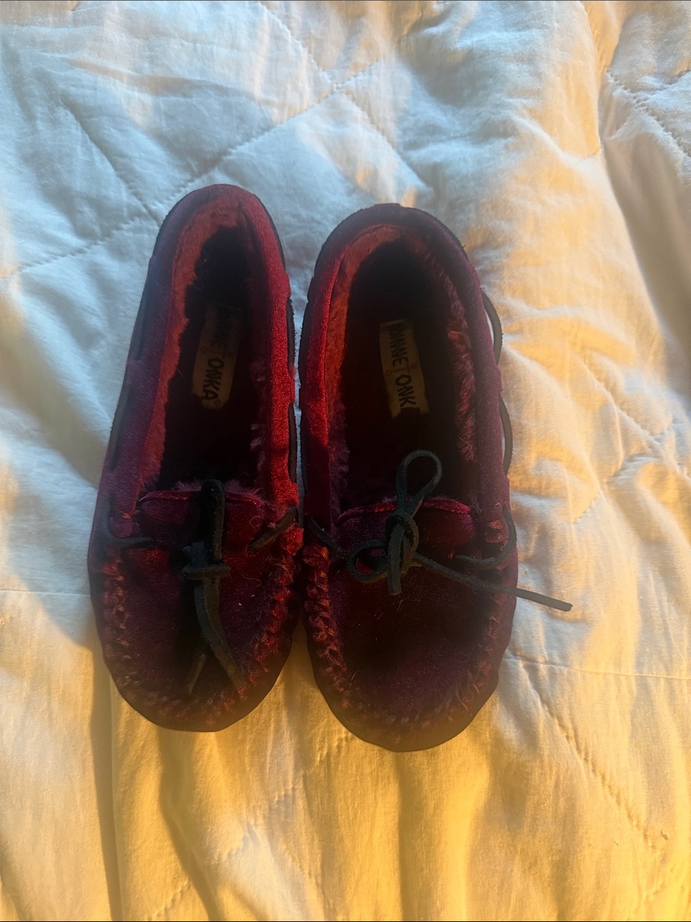 Minnetonka  Burgundy Velvet Moccasins
